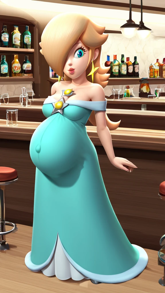 score_9, score_8_up, 1girl, solo, rosalina, style parody, thick outlines, blue dress, sleeveless, strapless, cleavage, indoors, bar, pregnant 