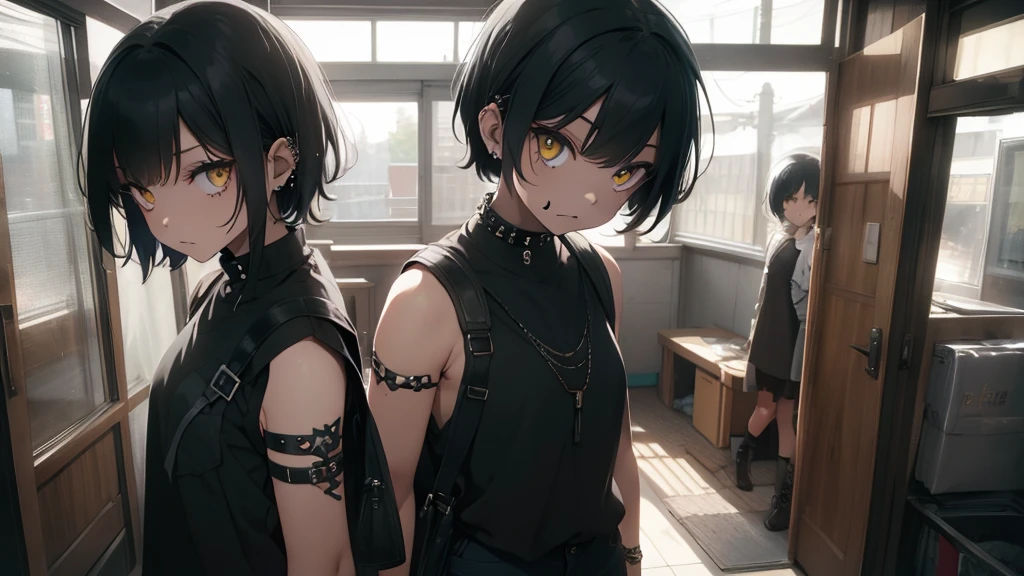 Best god quality, SOLO, single girl, no one in background, detailed, a dark room with moonlight shining in, no windows, dark bedroom, minimal lights, , (((SOLO))), (girl standing in middle) 1girl, punk, short hair, black hair, yellow eyes, eyelashes, eyeshadow,(black lipstick:1.2),nose piercing, lip piercing, baggy shirt, black baggy shirt, (sleeveless), tight black jeans, spikes bracelet, standing, looking at viewer, facing viewer, expressionless, hands in pockets, indoors