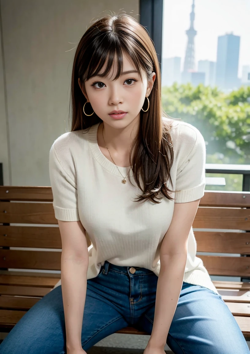 Japanese female college student、(Inside the observation deck of Tokyo Skytree)、Magic Mix Real、(RAW Photos:1.2)、(Realistic:1.4)、The beauty of beautiful details Delicate expression、blonde、((I can see your pants))(Squatting bench)Earrings eyelash Beautiful and detailed、Large file size、Very detailed、High resolution、Transcendental beauty Highest quality、masterpiece、、(Japanese female college studentのファッション))、Very detailed表現 growing up、In detail、Very detailed顔の映画照明、22-year-old girl、positive、((Dynamic pose)))、(Sit with your knees bent))、(Summer sweater with short sleeves、Pleated skirt、sneakers)、Sexy upward glance、(In front of the camera with her panties on))、,(((naked)))、((opening))