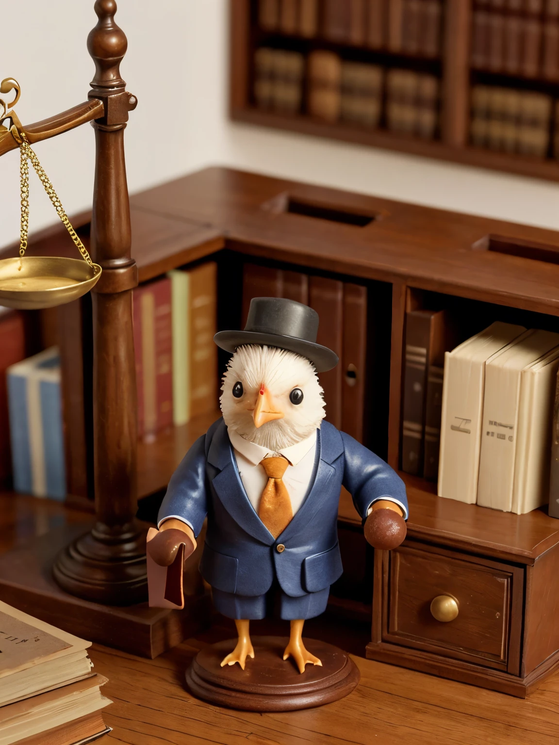 cute small chicken wearing lawyer suite, miniature, attorney, colorful, impactful, objection, desk, books, diorama of court