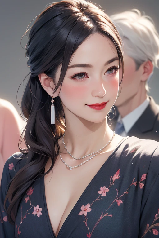 elegant mature japanese woman, 1 woman, married woman, long eyelashes, low ponytail, flowing hair, red lipstick, blush cheeks, pearl necklace, earrings, heavy eyeshadow, cleavage, colorful dress, beautiful body, beautiful smile, rose background, full body focus, (best quality,4k,8k,highres,masterpiece:1.2),ultra-detailed,(realistic,photorealistic,photo-realistic:1.37),HDR,UHD,studio lighting,ultra-fine painting,sharp focus,physically-based rendering,extreme detail description,professional,vivid colors,bokeh,portrait