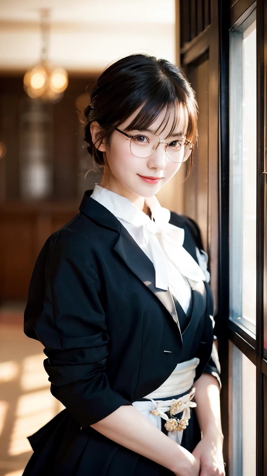 (Highest quality,masterpiece:1.3,Ultra-high resolution),(Very detailed,Caustics,8k),(Realistic:1.4,RAW shooting),A girl dressed as a butler,Japanese,boyish,smile,20-year-old,Short black hair,Glasses,Looking into the camera,Inside the Western-style building,Waist up shot,front,Face Focus,Face close-up,(Warm Light),Professional Writing
