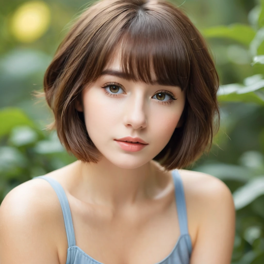 Create a photo of a girl with short brown hair who is in a dream