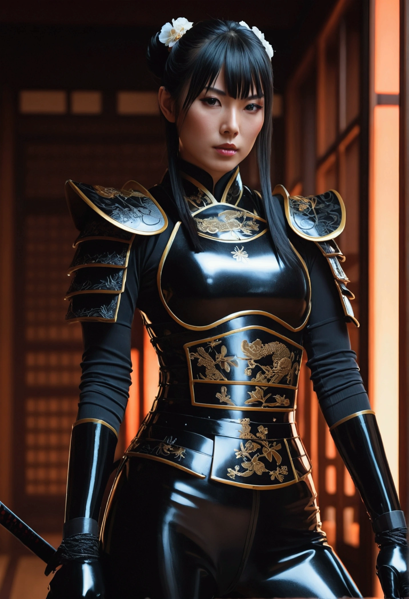 Samurai girl in latex suit