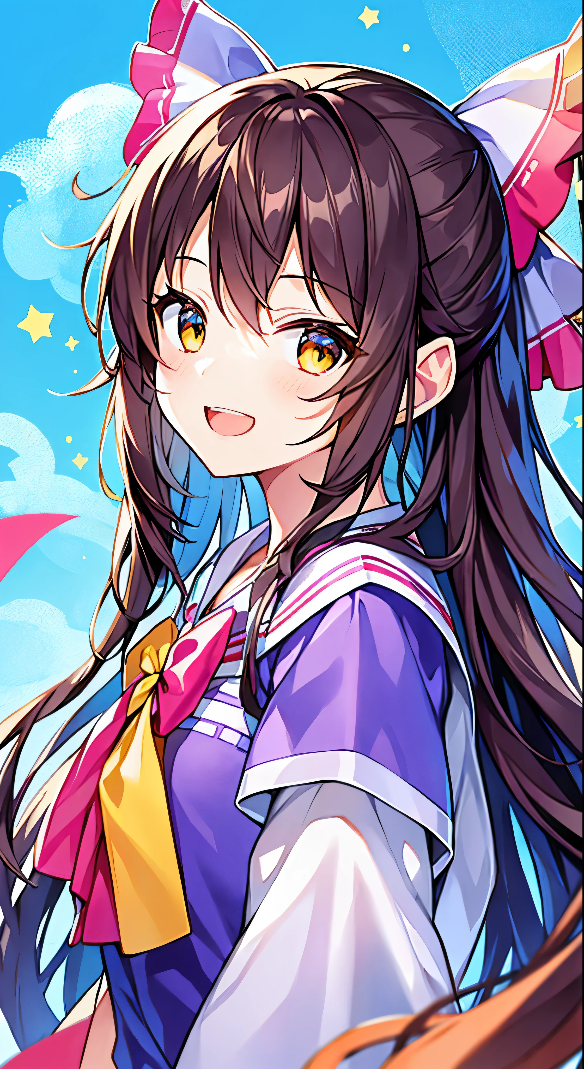 masterpiece、Highest quality、SFW、colorful、One girl、solo、White Spirit Reimu、Brown Hair、Brown eyes、Long flowing hair with hair tube、Small breasted person、Abstract background、A blue background highlighting her radiant smile、A pink background that adds a pop of color、A yellow background that creates a bright atmosphere、A polka dot background for a playful touch、(Halftones for textured effects)
