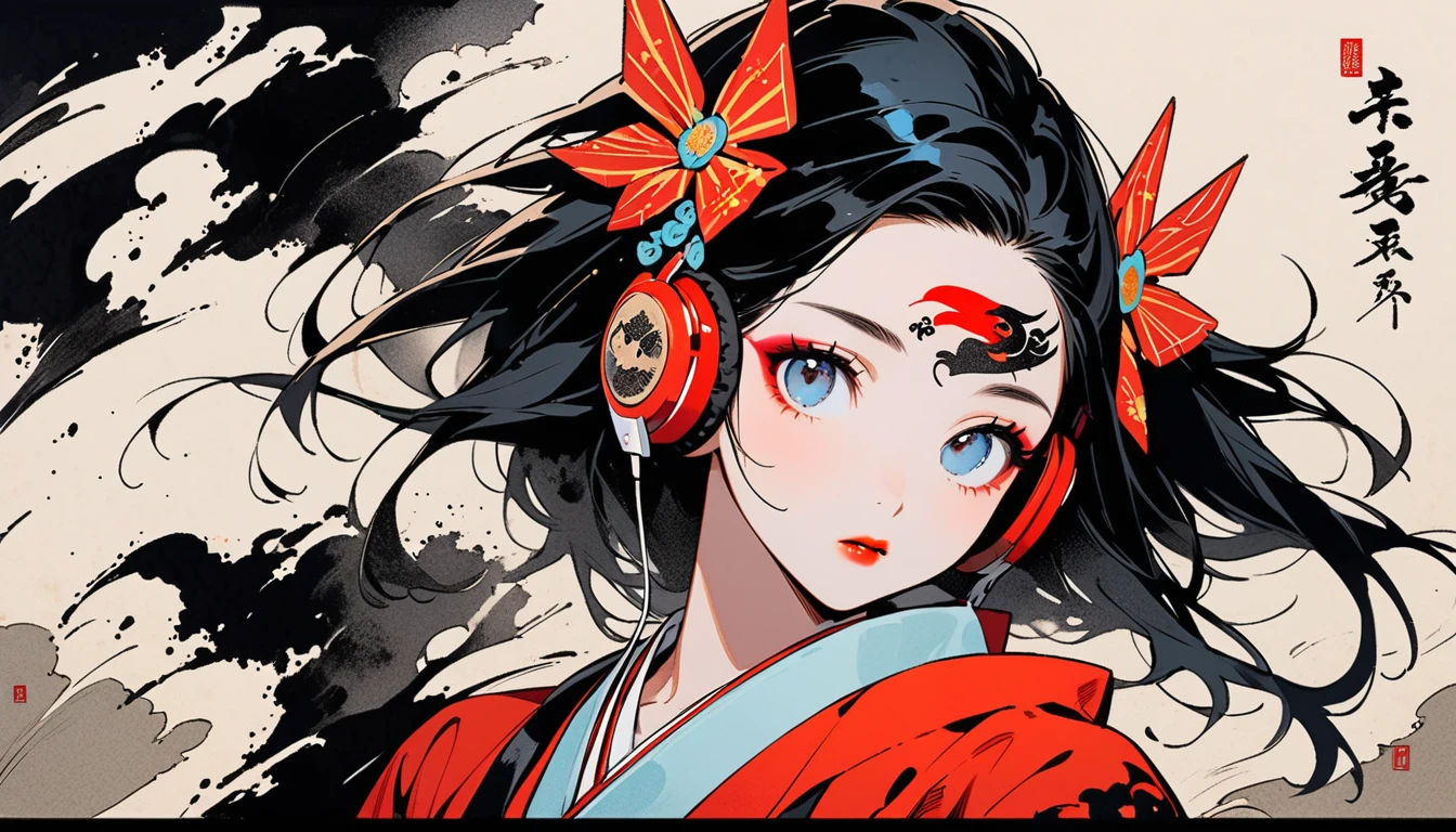 (((Ink Painting))), Fashion portrait color photos, (((1 girl))), (((Tattoo in the center of the forehead))), (((Very flashy hair accessories))), (((Very flashy makeup))), Japanese style headphones, devil, face close-up, front view, Japan人の美少女, Black Hair, Delicate and precise, Modern ukiyo-e style,Japan, Droopy eyes, round face