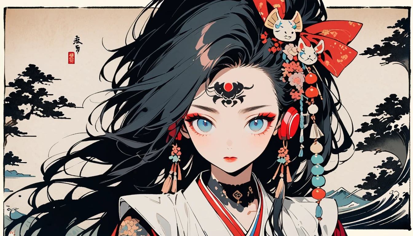 (((Ink Painting))), Fashion portrait color photos, (((1 girl))), (((Tattoo in the center of the forehead))), (((Very flashy hair accessories))), (((Very flashy makeup))), Japanese style headphones, devil, face close-up, front view, Japan人の美少女, Black Hair, Delicate and precise, Modern ukiyo-e style,Japan, Droopy eyes, round face