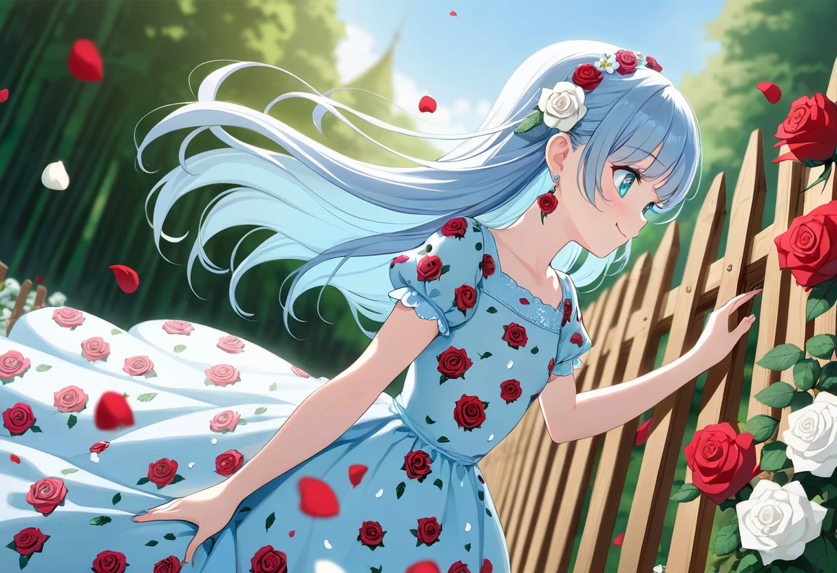 masterpiece, best quality, extremely detailed, (illustration, official art:1.1), 1 girl ,(((( light blue long hair)))), ,(((( light blue long hair)))),light blue hair, , long hair ((blush)) , cute face, big eyes, masterpiece, best quality,(((((a very delicate and beautiful girl))))),Amazing,beautiful detailed eyes,blunt bangs((((little delicate girl)))),tareme(true beautiful:1.2), sense of depth,dynamic angle,,,, affectionate smile, (true beautiful:1.2),,(tiny 1girl model:1.2),)(flat chest),Big rose on ear,Flowers Bloom,, earrings, close-up, profile, swaying hair, wind, blue sky, expressionless, from the side、Rose castle deep in the forest,Red roses,、,((((fence soft rose dress printed with white flowers)))),,vintage pin-up,petal,Rose petals fluttering,(((Roses bloom from my ears)))