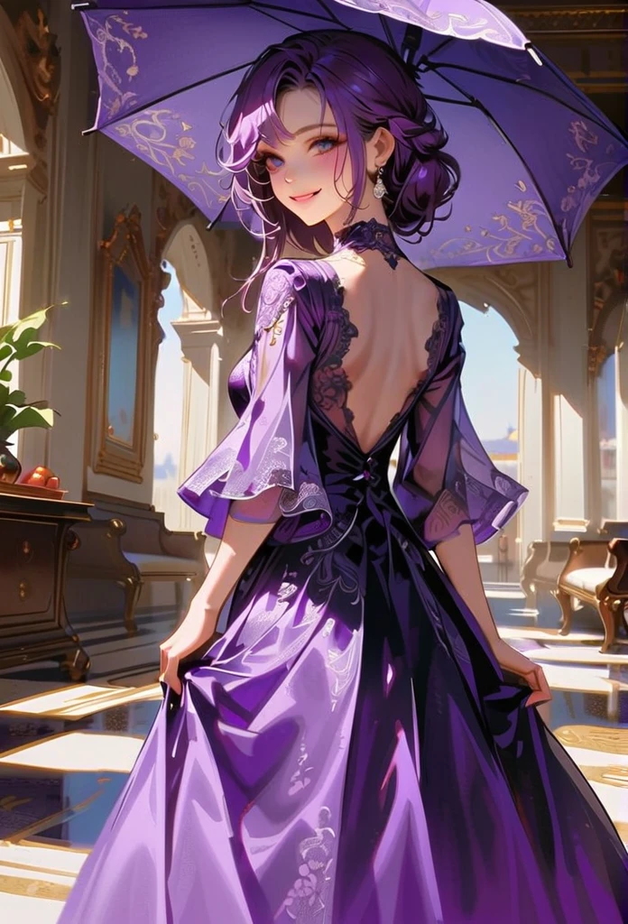 Style 10，woman，I have an old umbrella，Turn your back，In a luxurious palace，smile，Long Hair、Purple mesh hair