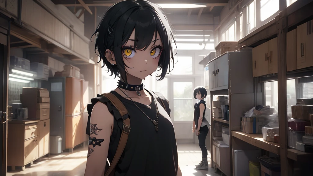 Best god quality, SOLO, single girl, no one in background, detailed, a dark room with moonlight shining in, no windows, dark bedroom, minimal lights, , (((SOLO))), (girl standing in middle) 1girl, punk, short hair, black hair, yellow eyes, eyelashes, eyeshadow,(black lipstick:1.2),nose piercing, lip piercing, baggy shirt, black baggy shirt, (sleeveless), tight black jeans, spikes bracelet, standing, looking at viewer, facing viewer, annoyed, hands in pockets, indoors