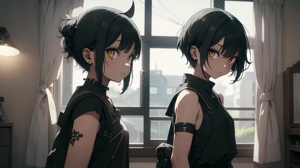 Best god quality, SOLO, single girl, no one in background, detailed, a dark room with moonlight shining in, no windows, dark bedroom, minimal lights, , (((SOLO))), (girl standing in middle) 1girl, punk, short hair, black hair, yellow eyes, eyelashes, eyeshadow,(black lipstick:1.2),nose piercing, lip piercing, baggy shirt, black baggy shirt, (sleeveless), tight black jeans, spikes bracelet, standing, looking at viewer, facing viewer, annoyed, hands in pockets, indoors