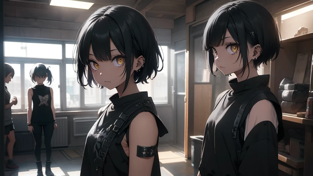Best god quality, SOLO, single girl, no one in background, detailed, a dark room with moonlight shining in, no windows, dark bedroom, minimal lights, , (((SOLO))), (girl standing in middle) 1girl, punk, short hair, black hair, yellow eyes, eyelashes, eyeshadow,(black lipstick:1.2),nose piercing, lip piercing, baggy shirt, black baggy shirt, (sleeveless), tight black jeans, spikes bracelet, standing, looking at viewer, facing viewer, annoyed, hands in pockets, indoors