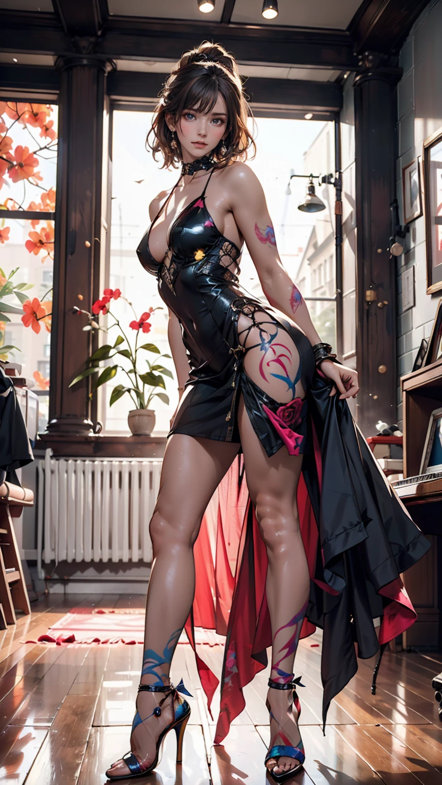 In a contemporary art gallery、A naked woman is covered in brightly colored body painting so tightly that no skin is visible.、Posing with colorful artwork as a backdrop。The vibrant colors make her stand out.、Stiletto heels