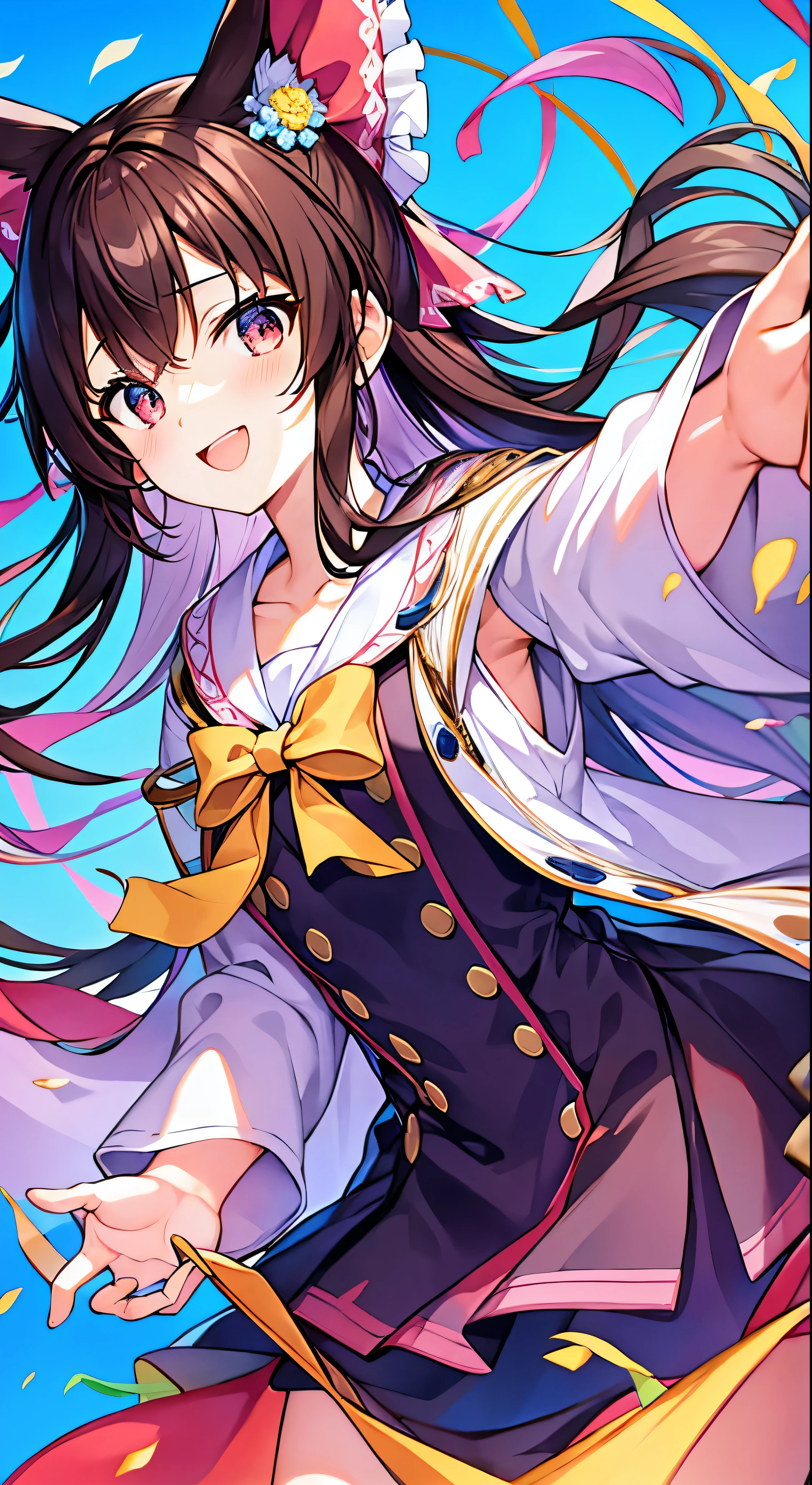 masterpiece、Highest quality、SFW、colorful、One girl、solo、White Spirit Reimu、Brown Hair、Brown eyes、Long flowing hair with hair tube、Small breasted person、Abstract background、A blue background highlighting her radiant smile、A pink background that adds a pop of color、A yellow background that creates a bright atmosphere、A polka dot background for a playful touch、(Halftones for textured effects)
