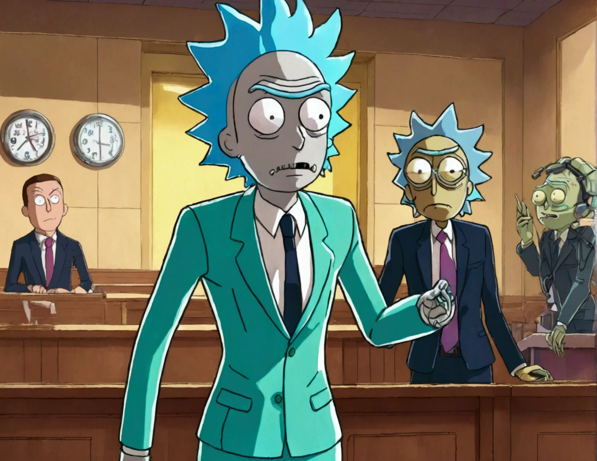 Clock work lawyer (very human, female, obvious mechanical seams at joints, doll like formal suit with mini skirt, glassy eyes) is in a court room, she is question Rick of rick and Morty (science outfit, witness stand), court room