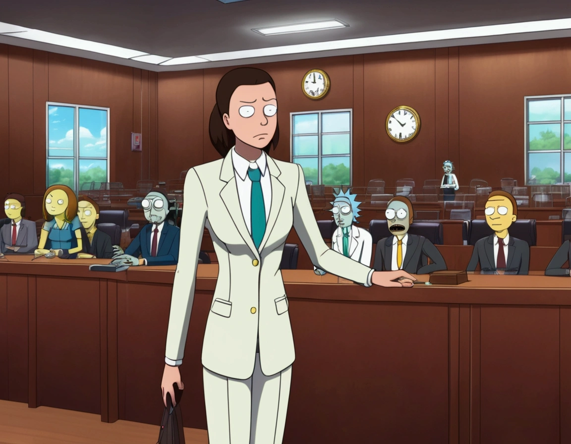 Clock work lawyer (very human, female, obvious mechanical seams at joints, doll like formal suit with mini skirt, glassy eyes) is in a court room, she is question Rick of rick and Morty (science outfit, witness stand), court room
