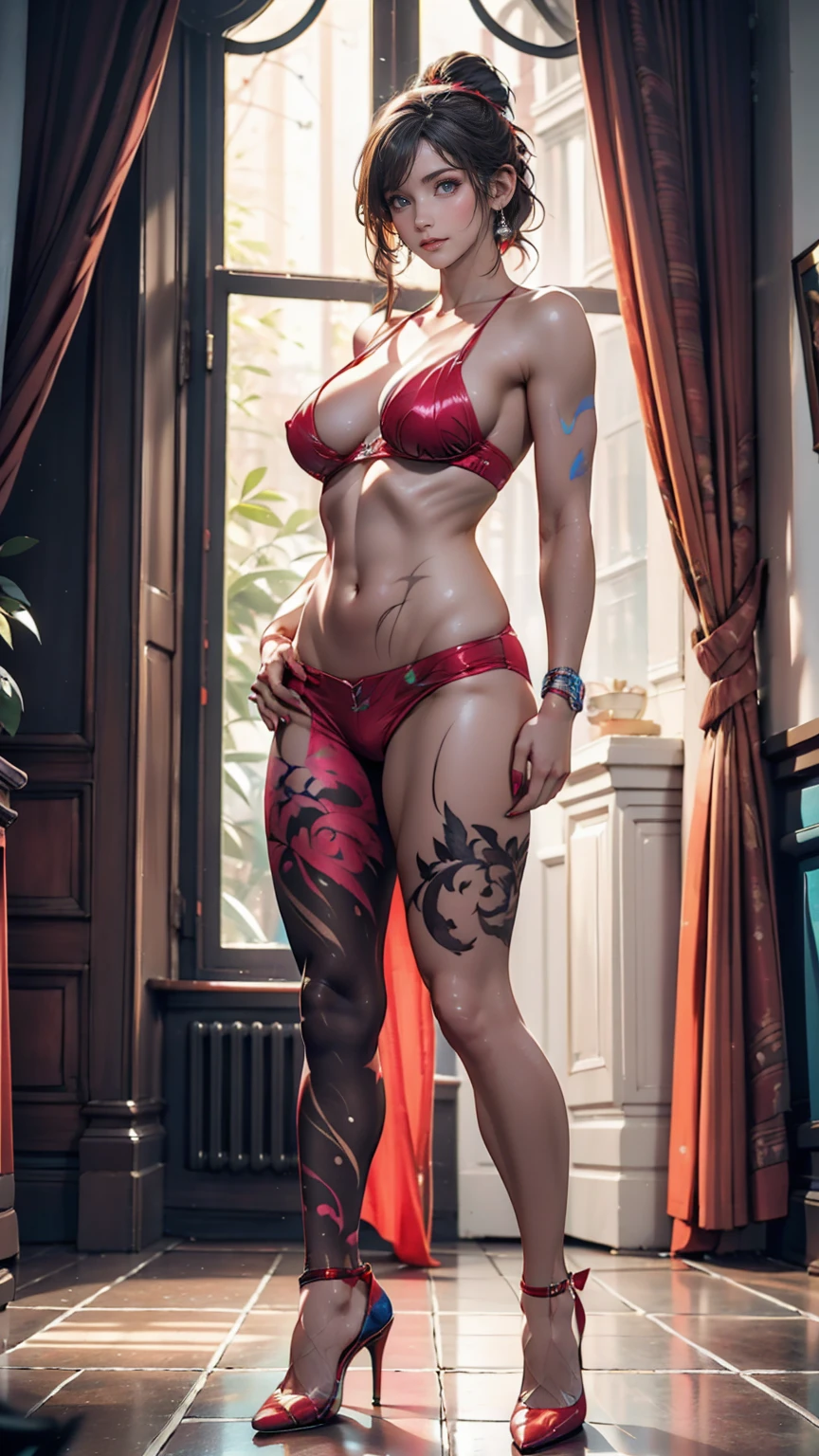 In a contemporary art gallery、A naked woman is covered in brightly colored body painting so tightly that no skin is visible.、Posing with colorful artwork as a backdrop。The vibrant colors make her stand out.、Stiletto heels