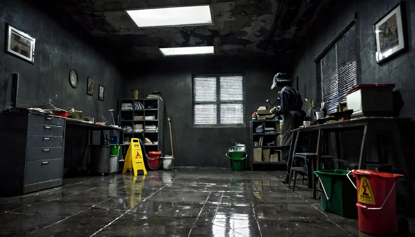 small janitor's office, dark environment, tense atmosphere