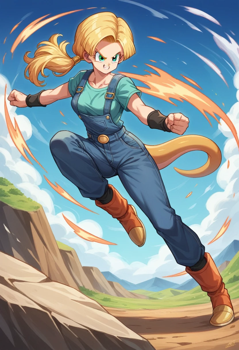 image of a beautiful woman, with green eyes, long golden hair, smiling, serious look, fighting pose, medium breasts, (dragon ball style) with a black overalls without belts, blue shirt inside, with a dark brown monkey tail, and sporty body, Whole body, fighting pose, anime style, in the background a rocky area with blue sky, Whole body aumentando su poder con una aura dorada, Whole body