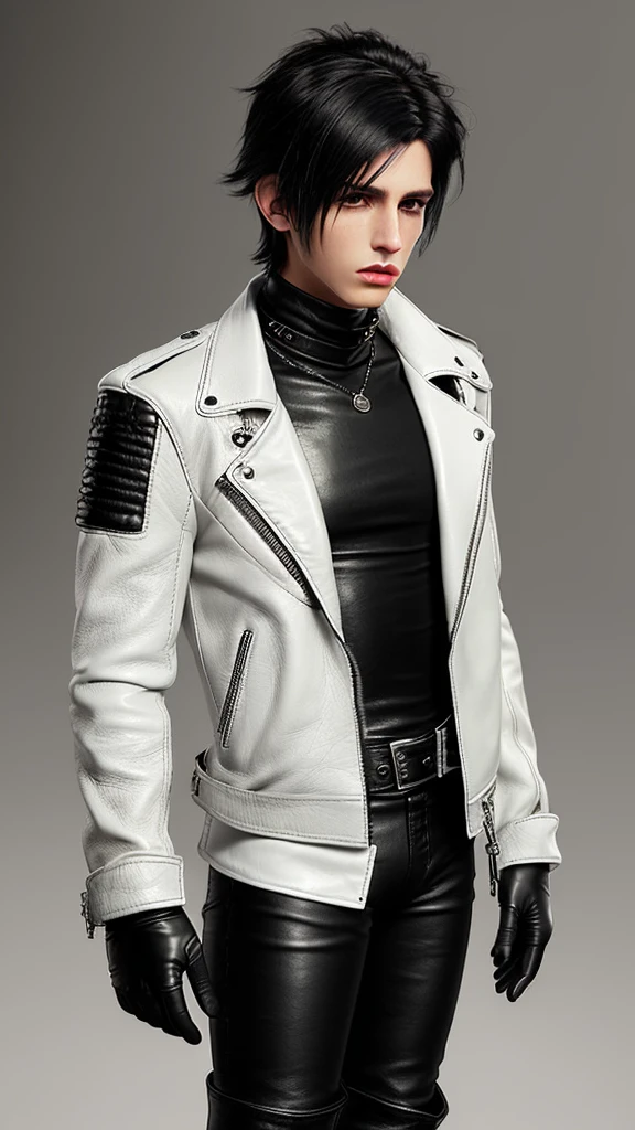 Final fantasy taste and reality graphics, ((Japanese young cute and cool ikemen  boy)), his age is early 20s, thin eyebrows and beady eyes,  ((he wearing off white color leather  thick and heavy material jacket)), ((jacket is single-brest)), , ((jacket is large size)),((with epaulet)), ((jacket is long sleeve)), ((jacket 
. zipping up, front of the leather jacket)), , ((voluminous leather jacket)), ,((jacket length is high, and collar is stand-up)) ((jacket collar with two belts)), ((jacket is a little black color line patterns)), ((also wearing black thick material turtleneck lackluster shirts)),  ((tight black leather pants)),  ((put black leather tight and thin glove on both hands)), ((black leather glove)),((black leather knee-high raceup boots)),((must views  head-to-toe)),((must views whole body)), ,((Do not show skin from the neck down)),leather jacket leather glove and leather pants have few wrinkles, Avoid showing your innerwear,zip up jacket fastner.((must put on a leather glove)).
Boy is black hair.boy looks like fashion model.
Boy in the dim room.