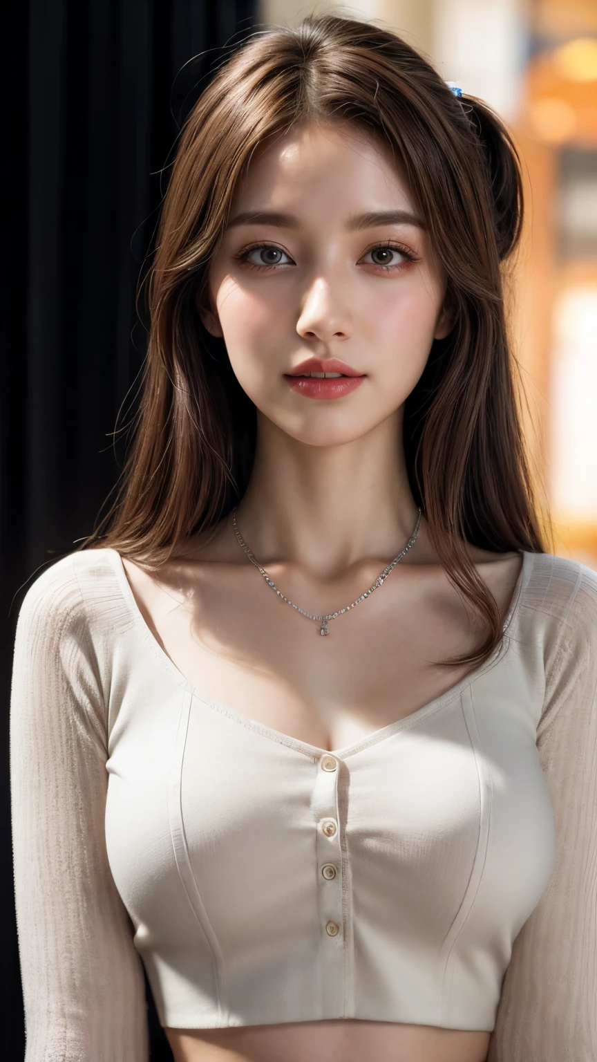 (nsfw:-2), (realistic, photo-realistic:1.4), (masterpiece, best quality:1.2), RAW photo, high resolution, intricate details, extremely detailed, realistic and sharp details, cinematic lighting, portrait, (bust shot, midriff:1.5), frontal photography, solo, 1girl, a Japanese woman, dark hair, (detailed face, beautiful detailed eyes, sophisticated nose), pale skin, collarbone, necklace, jewelry, large breasts,(8K, RAW photo, highest quality, High resolution:1.1), (hyperrealistic:1.4),(realistic, photorealistic:1.3), soft light,realistic face,realistic body,realistic skin,disorganized,masterpiece,(cute:1.8), , baby face, Beautiful big breasts,(long hair,ponytail,blond hair),(big:1.2),fine black eyes,innocent eyes,droopy eyes,Watery eye,open lips,blush,good style,colorful lights,film Grain,,look viewer,full Body,,young,85mm lens, f/ 1.4,professional lighting,portrait,photon mapping,radio city,Physically based rendering,japanese girl,, wearing black abaya hijab