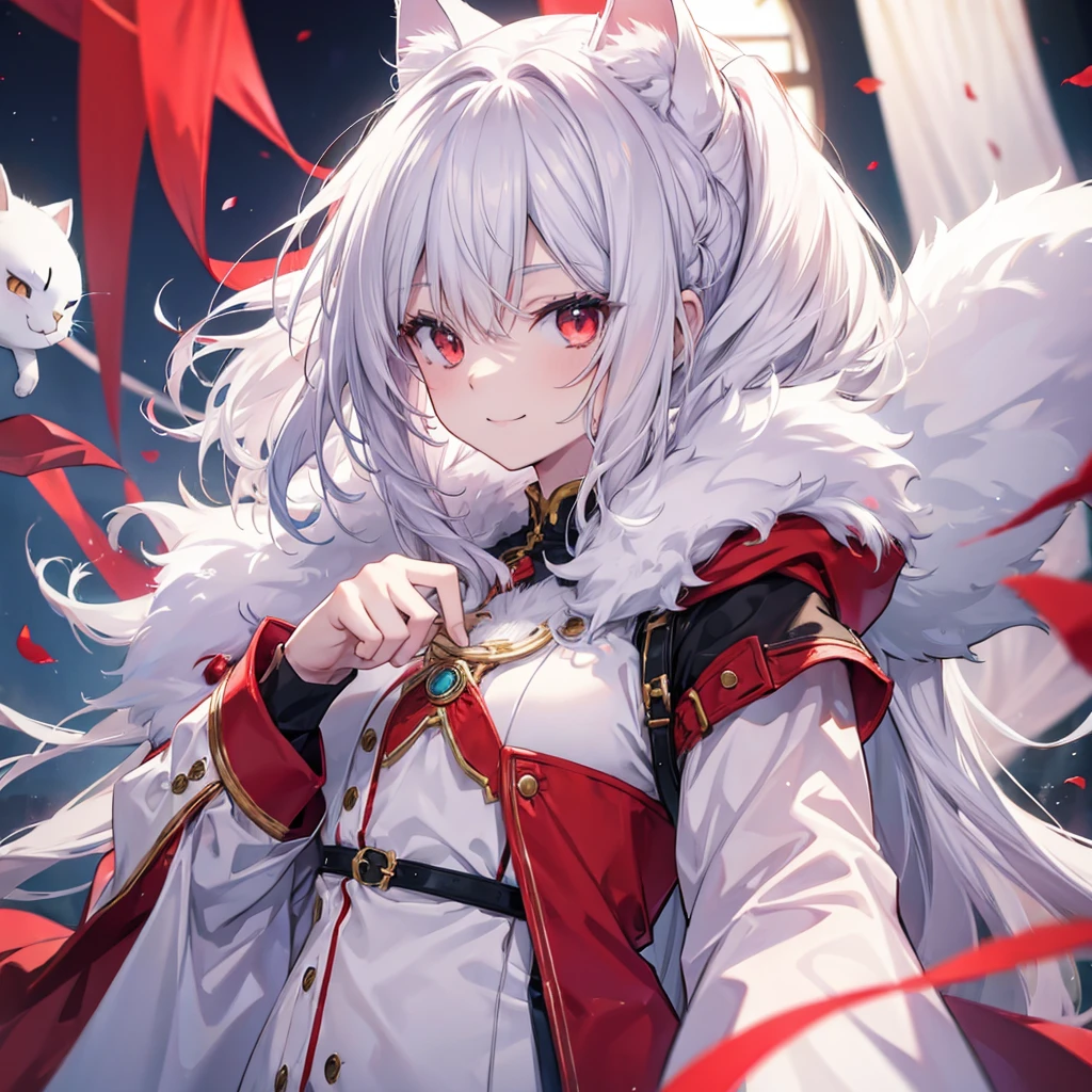 ((((Cat Cosplay))))　(((Fantasy　Dull red eyes　White Hair)))　((Fur clothing　Center close-up))　((smile　Cat&#39;s paw))　(Light　star)　Catch the wind　Shining Background　Lightの粒子, rainbow colored edges