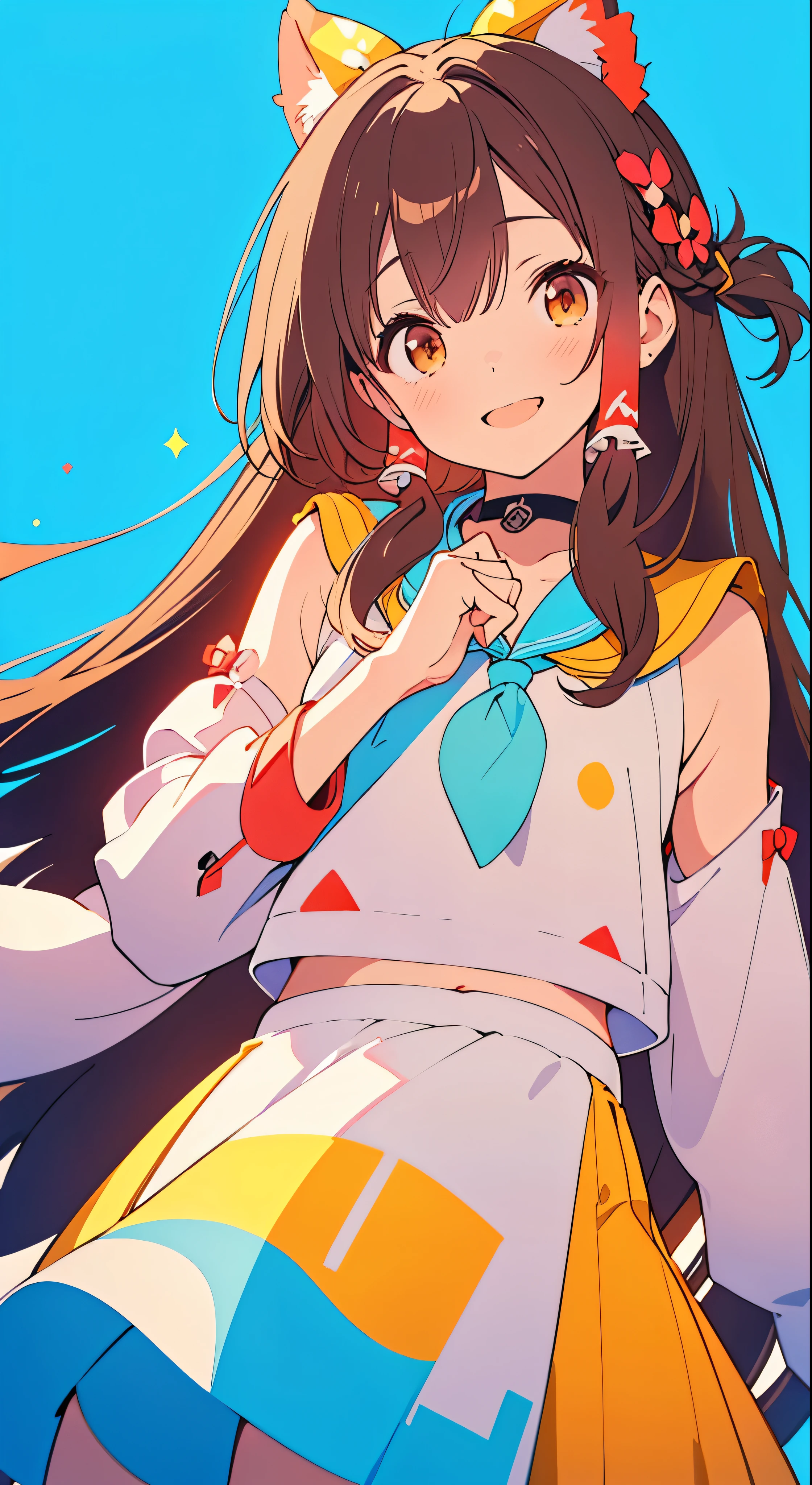 masterpiece、Highest quality、SFW、colorful、One girl、solo、White Spirit Reimu、Brown Hair、Brown eyes、Long flowing hair with hair tube、Small breasted person、Abstract background、A blue background highlighting her radiant smile、A pink background that adds a pop of color、A yellow background that creates a bright atmosphere、A polka dot background for a playful touch、(Halftones for textured effects)
