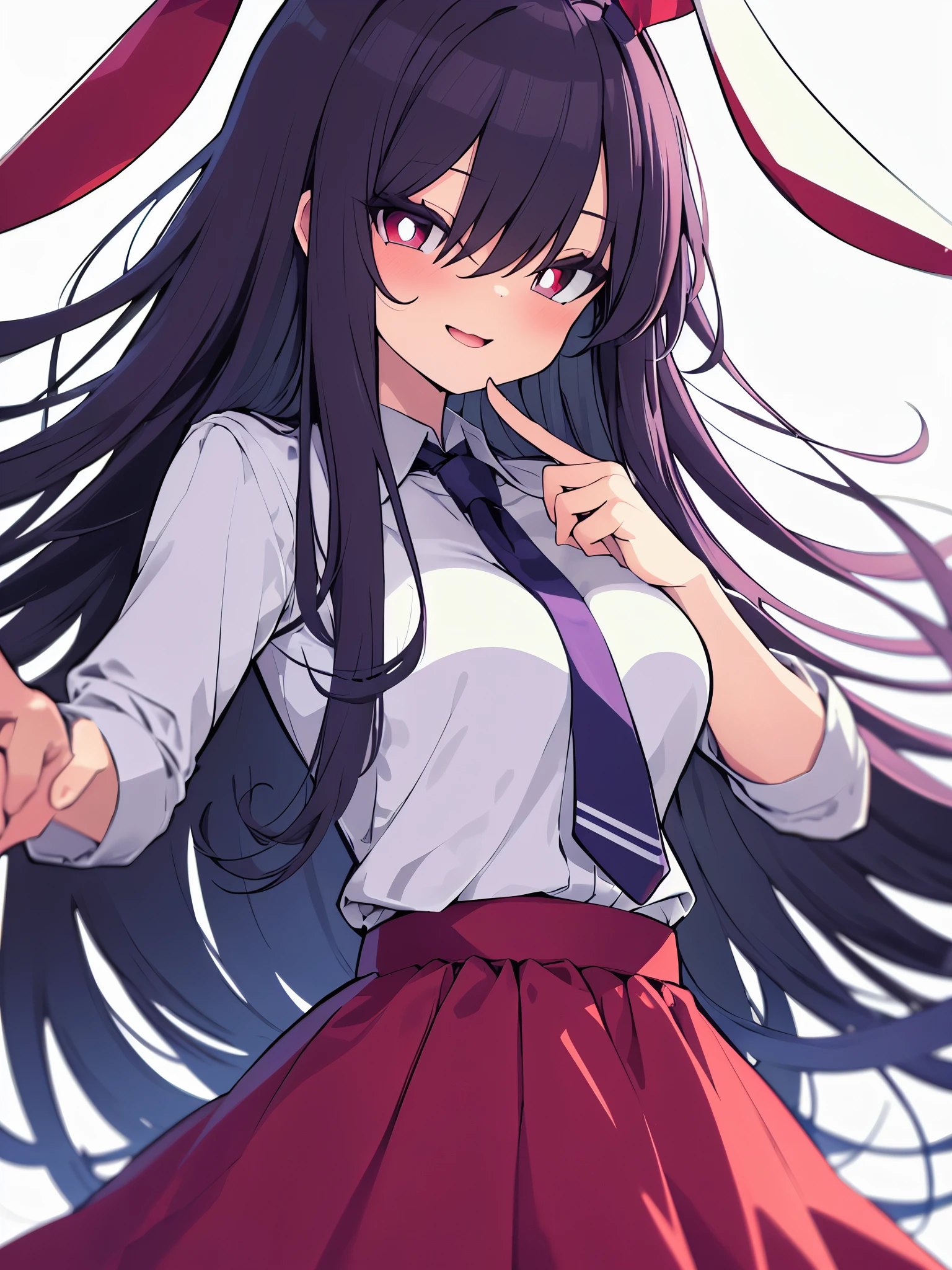 colorful, (best quality, ultra-high resolution, depth of field:1.2), Touhou Project, 1woman, {reisen udongein inaba}, long hair, (light purple hair), bangs, hair between eyes, rabbit ears, red eyes, (white pupils), winking, medium breasts, (white shirt), red necktie, pink skirt, frills, slightly tilting head, finger gun, Japanese mansion scenery