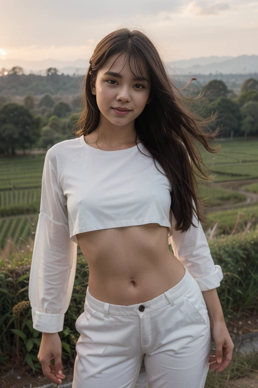 Young sweet beautiful Bogor city girl dancing cheerful on wide rice field near Bogor, descent mixed from sundanese and javanese, have greek nose, charm and cute girl, her name is Dewi, in the sunny fresh sunset, georgeus face, slim body, 19 years old, wearing 80's style white thin long sleeve shirt and trousers in late 80' years era mode and style, very realistic, very natural, very realistic, all her body exposed visible through her see through clothes, all body from head to toes view, wind blowing so strong and blowing everything, wavy hairs with a bangs blown by the very strong wind, mountain as background, beautiful sunset and beautiful girl, sweet memory that can't forget,