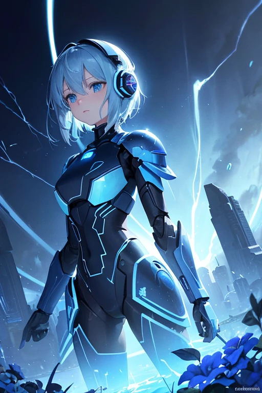 Blue,blue effect,lightning blue effect,dark blue,blue flower,blue meca,blue droid,blue robot,blue background,beautiful background,human_no,dark blue color,masterpiece,best quality,super detailed,score up _9,super fine illustration,blue water,