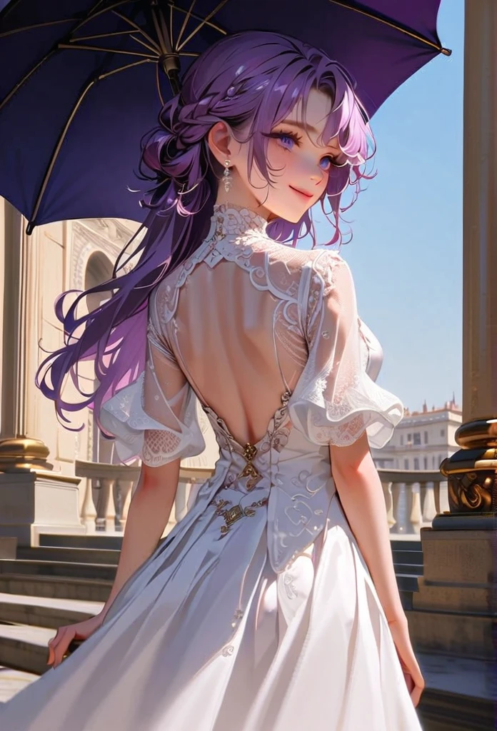 Style 10，woman，I have an old umbrella，Turn your back，In a luxurious palace，smile，Long Hair、Purple mesh hair