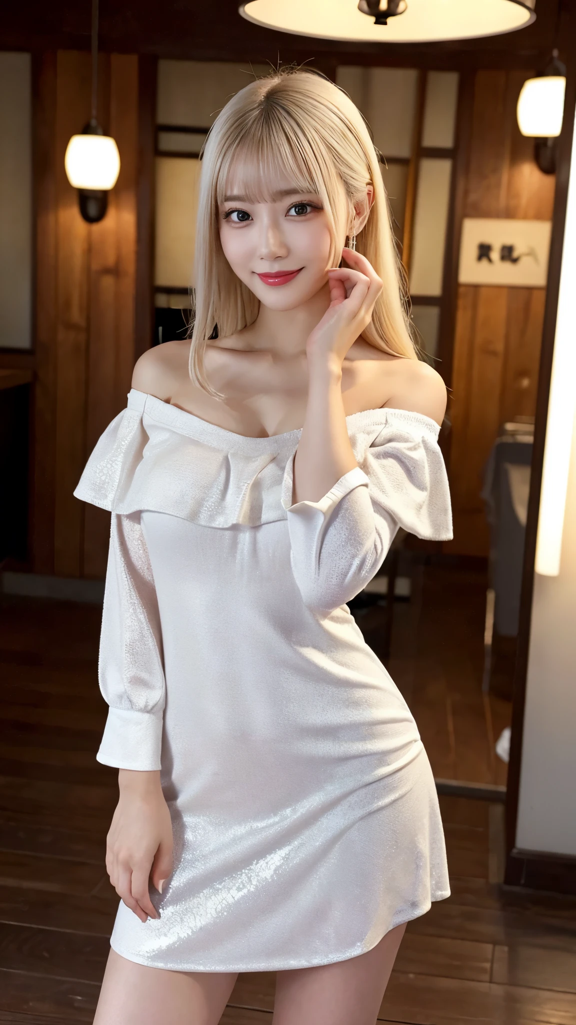 (Detailed skin:1.2),(Shiny skin:1.1),8k,Highest quality, masterpiece, Ultra-high resolution,(Realistic:1.4), RAW Photos,(Soft saturation:1),(Fair skin:1.2),Succubus,Half-Japanese beauty,23 years old, (Platinum Blonde Hair:1.4),(Long Hair:1.3)), (Pretty face:1.4), (Large Breasts, Tight waist,Big firm hips:1.2), ((Beautiful lighting:1.3)), ((Off the shoulder、Mini Dress:1.2)),(Highly detailed face, Highly detailed lips, fine grain, double eyelid,Highly detailed and evenly balanced eyes), (Sharp focus:1.2), ((Full Body Shot)),(Perfect Anatomy:1.3),(Beautiful woman with perfect figure: 1.2)、((Random sexy poses:1.2))、Sharp Eyes,smile,(Seaside cottage)