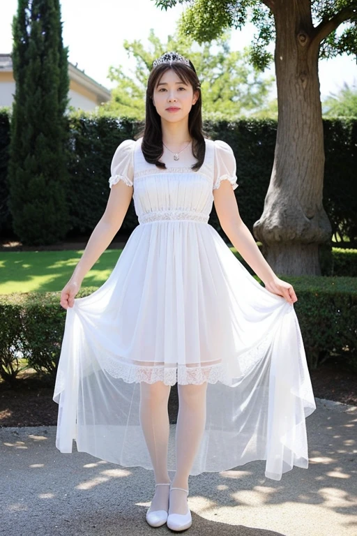 Girl in the palace garden,White princess dress with frills,tiara,necklace,Earrings,No lipstick,See-through tights,18-year-old,A small smile,feet,Straight hair,From below,Front light