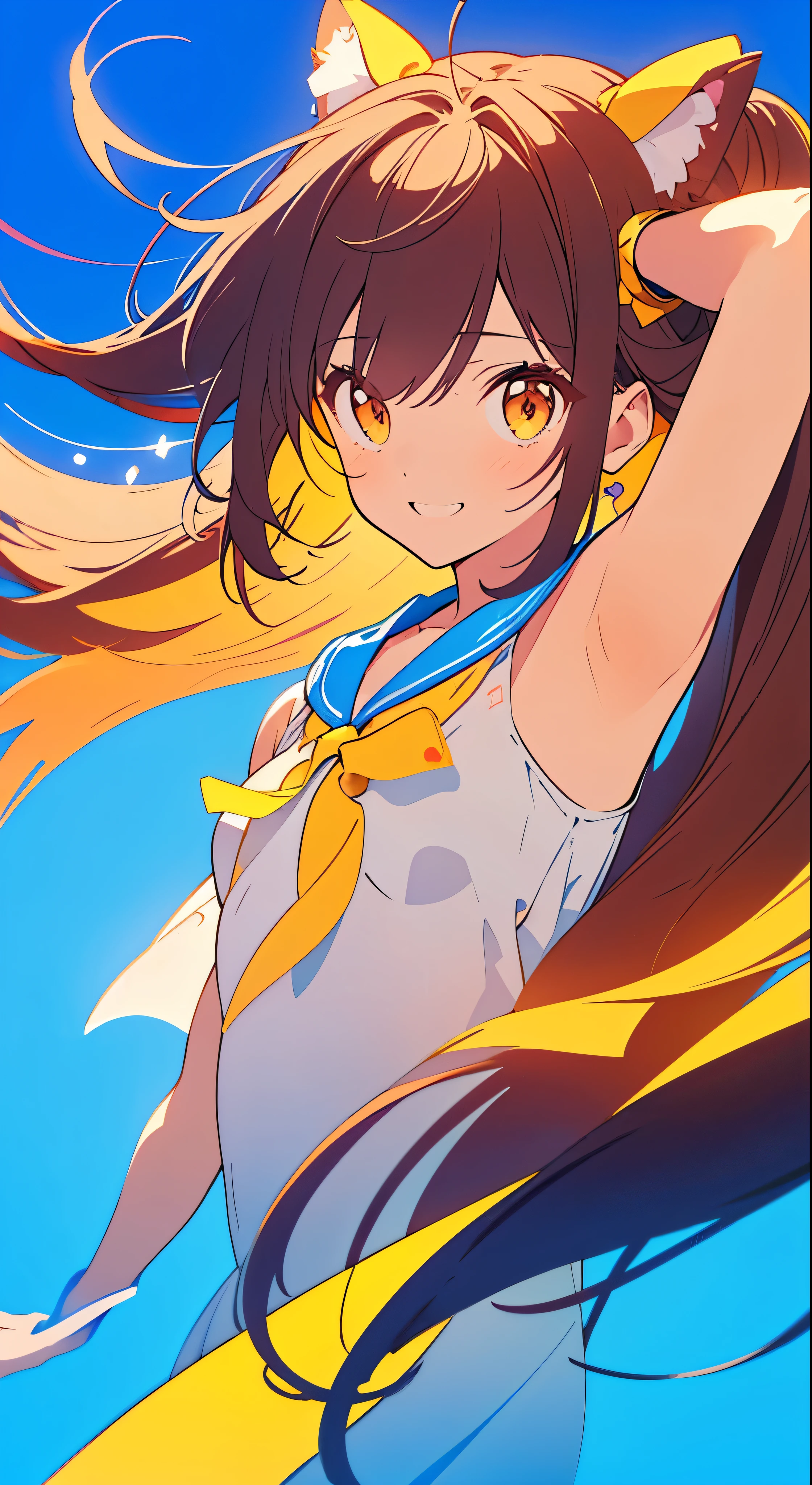 masterpiece、Highest quality、SFW、colorful、One girl、solo、White Spirit Reimu、Brown Hair、Brown eyes、Long flowing hair with hair tube、Small breasted person、Abstract background、A blue background highlighting her radiant smile、A pink background that adds a pop of color、A yellow background that creates a bright atmosphere、A polka dot background for a playful touch、(Halftones for textured effects)

