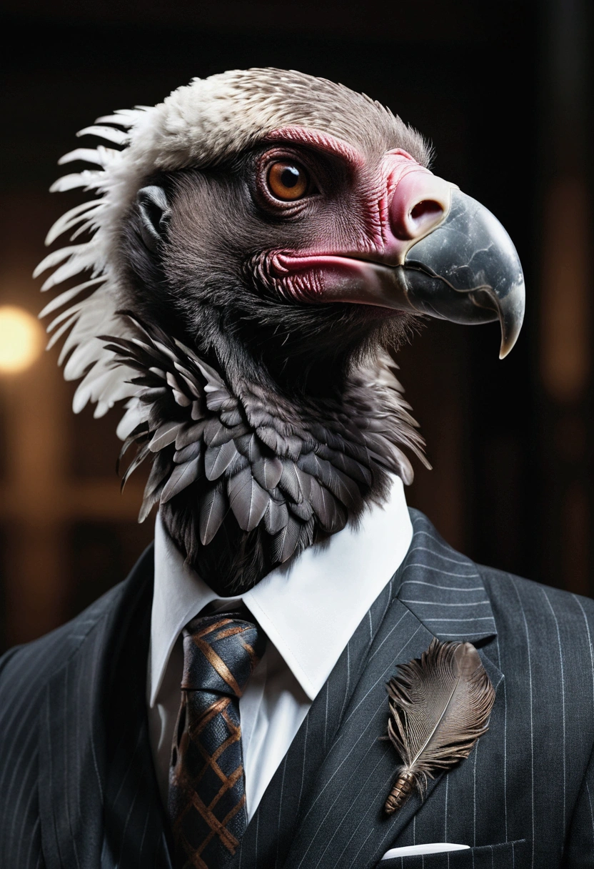 a vulture dressed in a lawyer's suit, detailed face and eyes, intricate feathers, photorealistic, cinematic lighting, highly detailed, 8k, dramatic, surreal, dark and moody, gritty, hyper-realistic