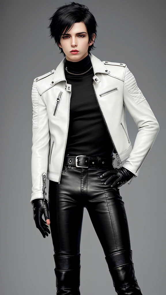 Final fantasy taste and reality graphics, ((Japanese young cute and cool ikemen boy)), his age is early 20s, thin eyebrows and beady eyes, ((he wearing off white color leather thick and heavy material jacket)), ((jacket is single-brest)), , ((jacket is large size)),((with epaulet)), ((jacket is long sleeve)), ((jacket
. zipping up, front of the leather jacket)), , ((voluminous leather jacket)), ,((jacket length is high, and collar is stand-up)) ((jacket collar with two belts)), ((jacket is a little black color line patterns)), ((also wearing black thick material turtleneck lackluster shirts)), ((tight black leather pants)), ((put black leather tight and thin glove on both hands)), ((black leather glove)),((black leather knee-high raceup boots)),((must views head-to-toe)),((must views whole body)), ,((Do not show skin from the neck down)),leather jacket leather glove and leather pants have few wrinkles, Avoid showing your innerwear,zip up jacket fastner.((must put on a leather glove)).
Boy is black hair.boy looks like fashion model.
Boy in the dim room.