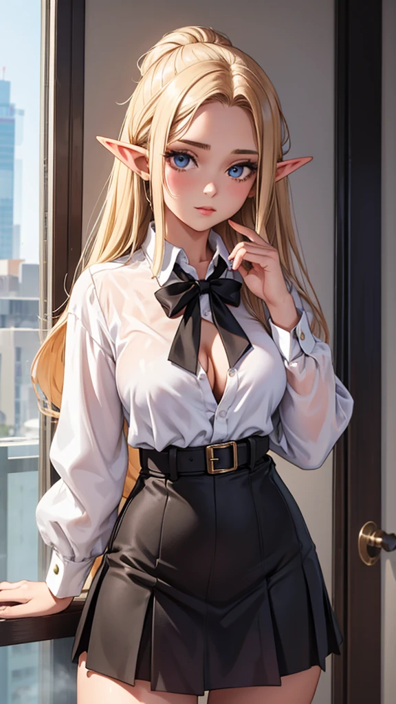 20 year old girl, black office miniskirt, white transparent blouse unbuttoned, Elf's ears, naked