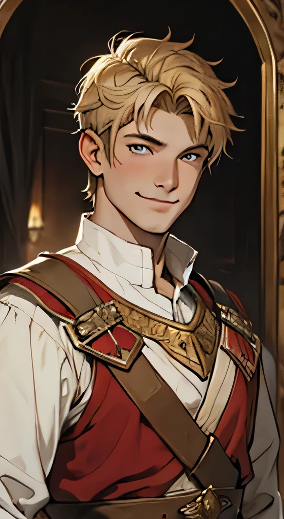 dynamic poses, a close-up of a painting of the face and chest of a male Roman soldier, Grinning, Head slightly raised