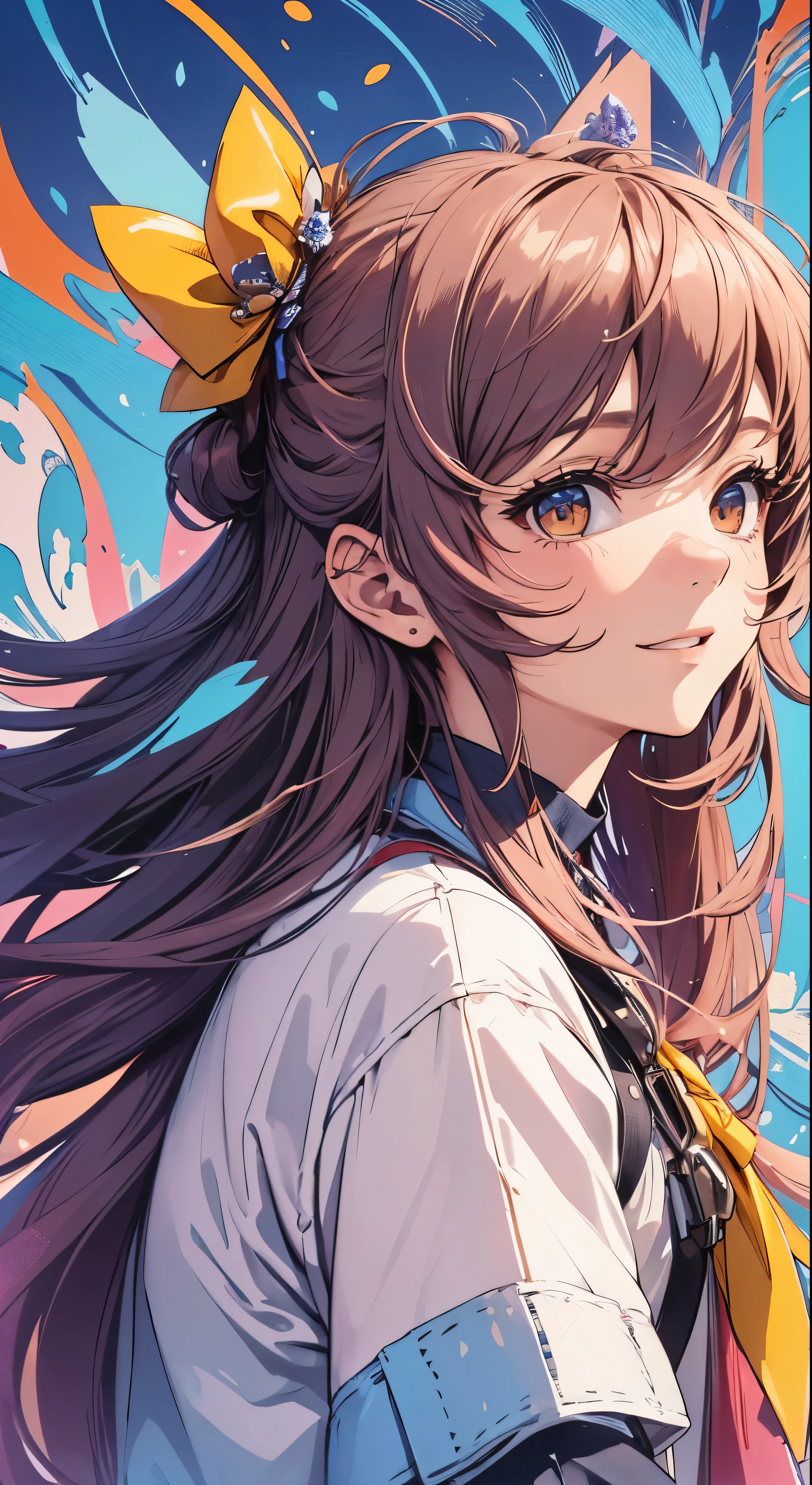 masterpiece、Highest quality、SFW、colorful、One girl、solo、White Spirit Reimu、Brown Hair、Brown eyes、Long flowing hair with hair tube、Small breasted person、Abstract background、A blue background highlighting her radiant smile、A pink background that adds a pop of color、A yellow background that creates a bright atmosphere、A polka dot background for a playful touch、(Halftones for textured effects)