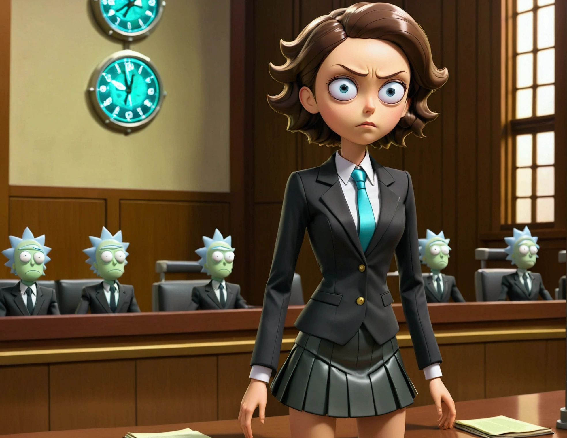 Clock work lawyer (very human, female, obvious mechanical seams at joints, doll like formal suit with mini skirt, glassy eyes) is in a court room, she is question Rick of rick and Morty (science outfit, witness stand), court room
