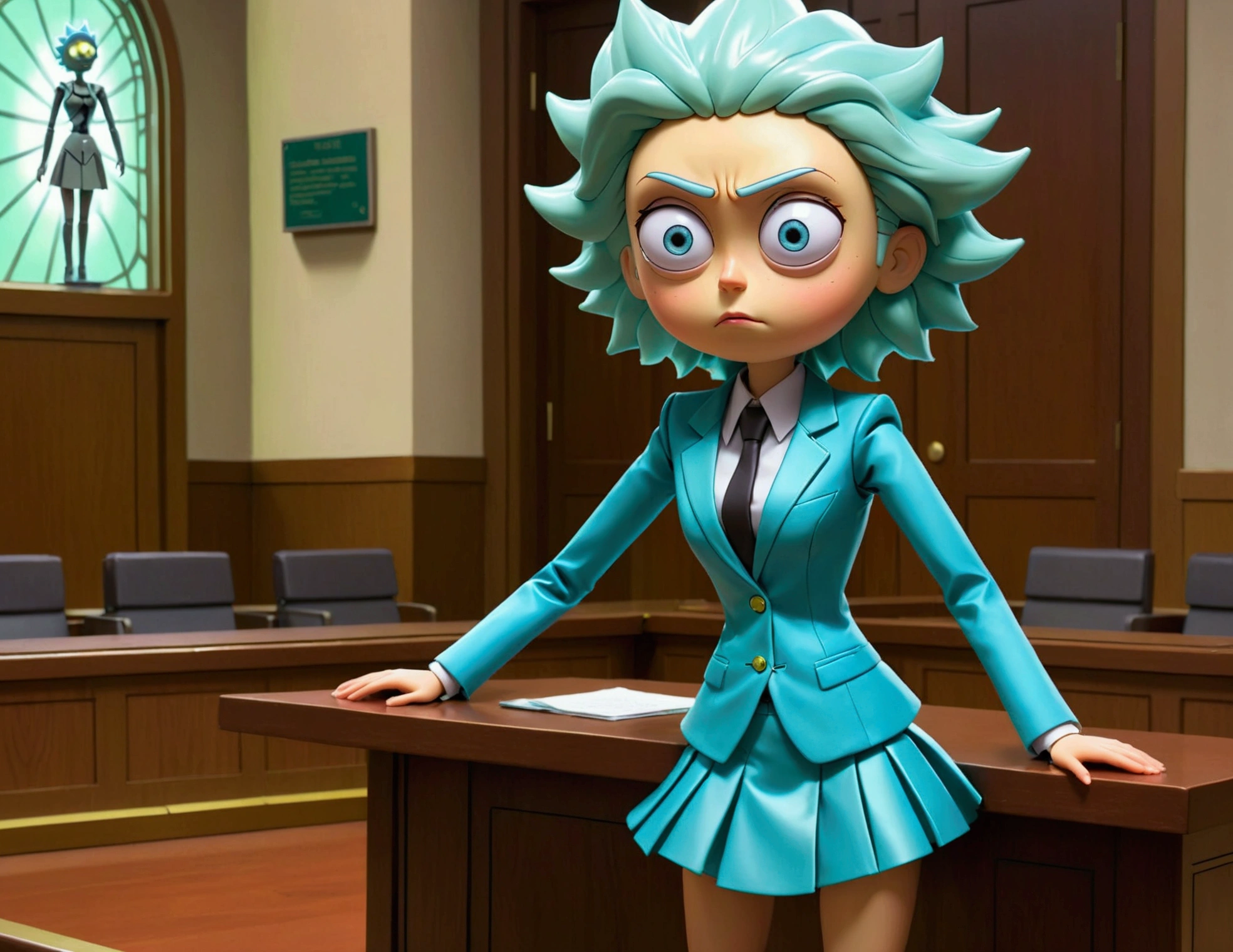 Clock work lawyer (very human, female, obvious mechanical seams at joints, doll like formal suit with mini skirt, glassy eyes) is in a court room, she is question Rick of rick and Morty (science outfit, witness stand), court room