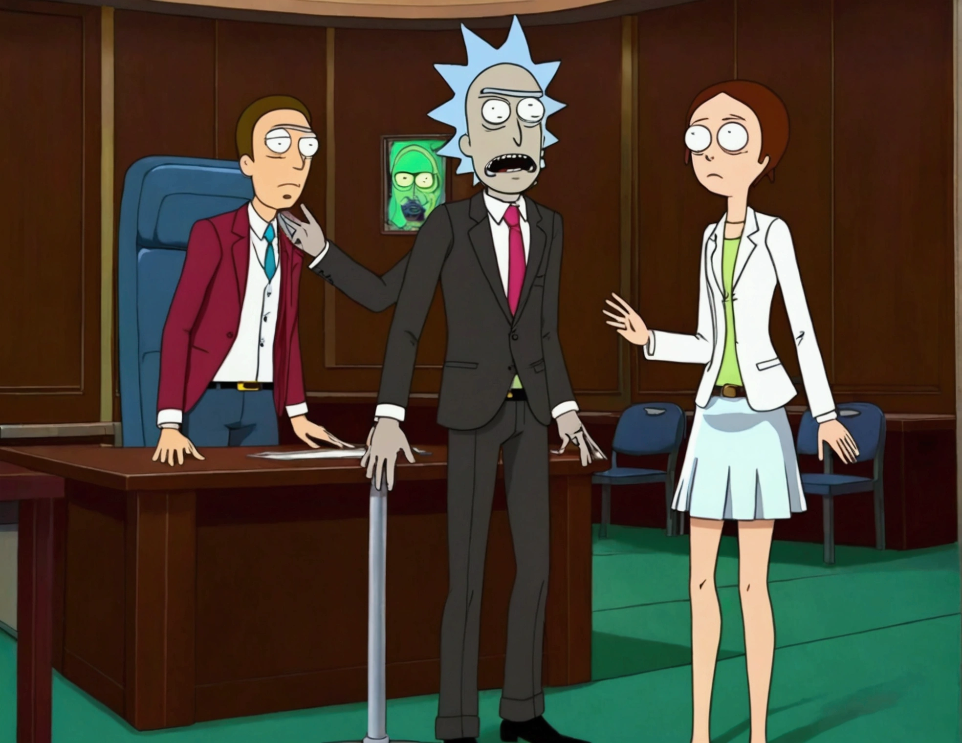 Clock work lawyer (very human, female, obvious mechanical seams at joints, doll like formal suit with mini skirt, glassy eyes) is in a court room, she is question Rick of rick and Morty (science outfit, witness stand), court room