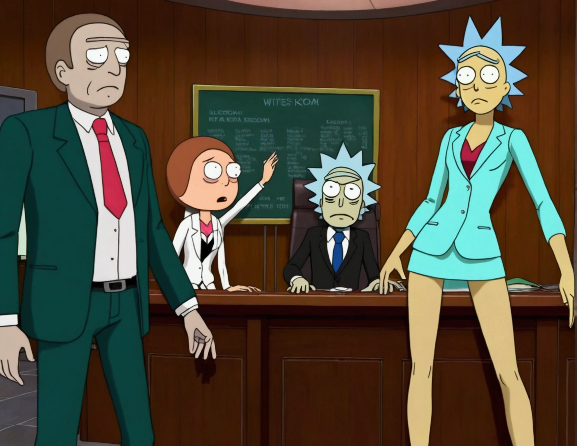 Clock work lawyer (very human, female, obvious mechanical seams at joints, doll like formal suit with mini skirt, glassy eyes) is in a court room, she is question Rick of rick and Morty (science outfit, witness stand), court room