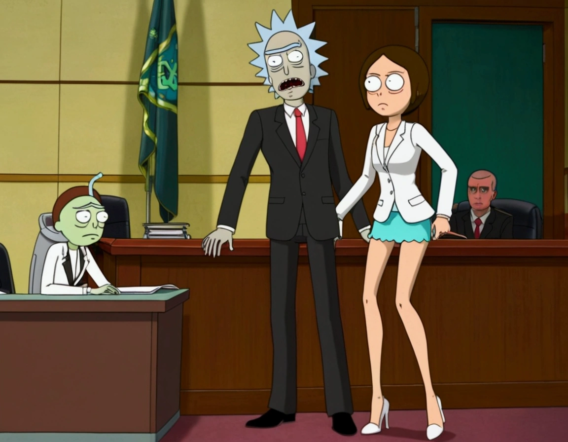 Clock work lawyer (very human, female, obvious mechanical seams at joints, doll like formal suit with mini skirt, glassy eyes) is in a court room, she is question Rick of rick and Morty (science outfit, witness stand), court room
