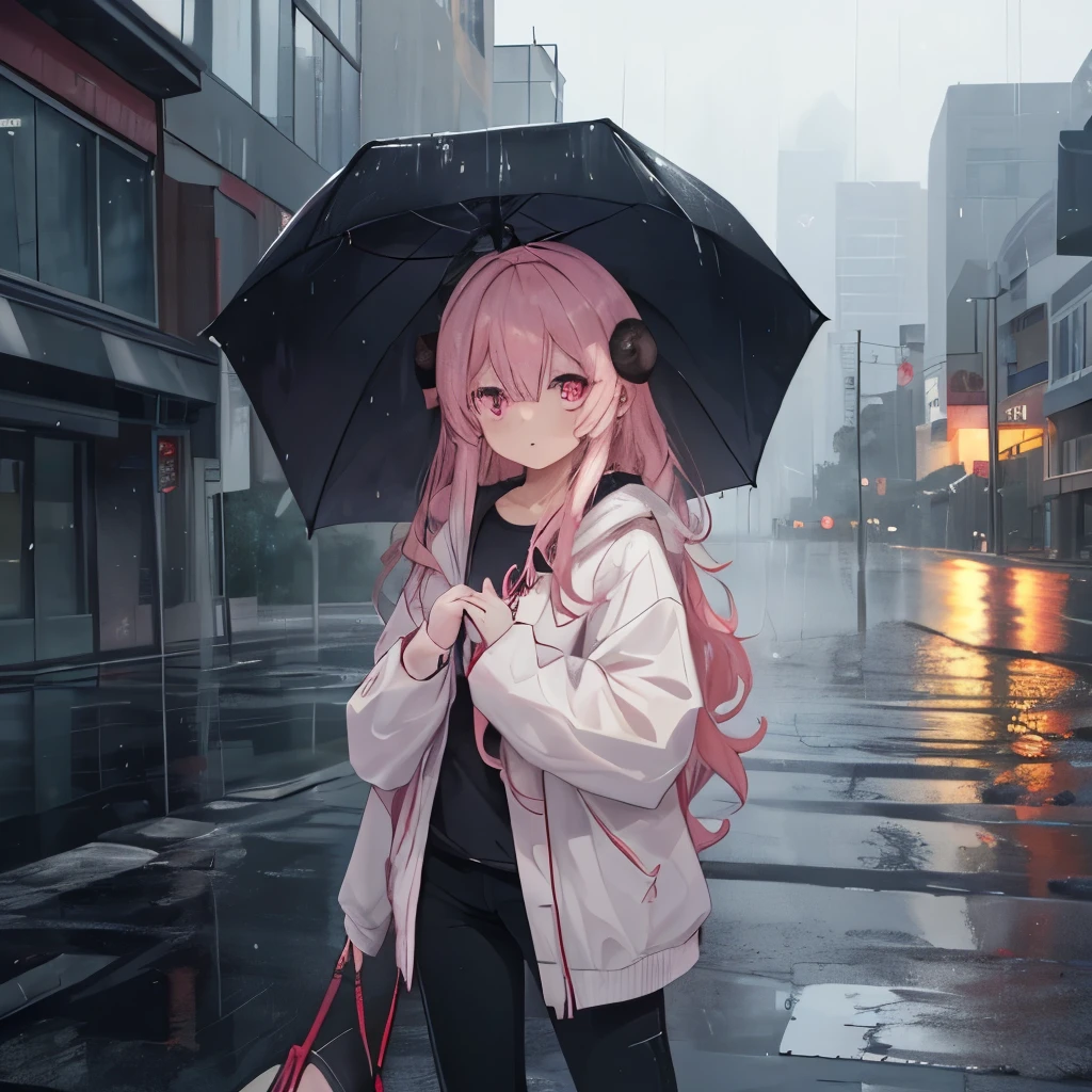 An anime-style illustration of ‘Fua-chan’ being surprised by a sudden downpour. Fua-chan has distinctive features: long pink hair styled in soft curls resembling sheep’s horns, and pink eyes. She is depicted standing outside without an umbrella, looking up at the sky with wide eyes and a surprised expression as heavy rain starts to fall. She is wearing casual outdoor clothes that are quickly getting soaked. The background shows a city street or park, with dark clouds overhead and rain pouring down, creating a dramatic and unexpected atmosphere.