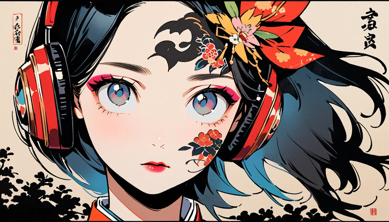 (((Ink Painting))), Fashion portrait color photos, (((1 girl))), (((Tattoo in the center of the forehead))), (((Very flashy hair accessories))), (((Very flashy makeup))), Japanese style headphones, devil, face close-up, front view, Japan人の美少女, Black Hair, Delicate and precise, Modern ukiyo-e style,Japan, Droopy eyes, round face