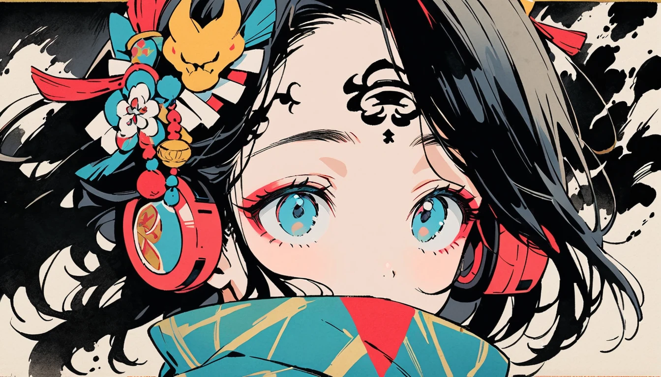 (((Ink Painting))), Fashion portrait color photos, (((1 girl))), (((Tattoo in the center of the forehead))), (((Very flashy hair accessories))), (((Very flashy makeup))), Japanese style headphones, devil, face close-up, front view, Japan人の美少女, Black Hair, Delicate and precise, Modern ukiyo-e style,Japan, Droopy eyes, round face