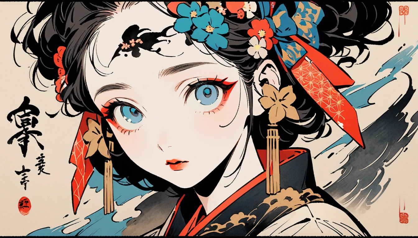 (((Ink Painting))), Fashion portrait color photos, (((1 girl))), (((Tattoo in the center of the forehead))), (((Very flashy hair accessories))), (((Very flashy makeup))), Japanese style headphones, devil, face close-up, front view, Japan人の美少女, Black Hair, Delicate and precise, Modern ukiyo-e style,Japan, Droopy eyes, round face