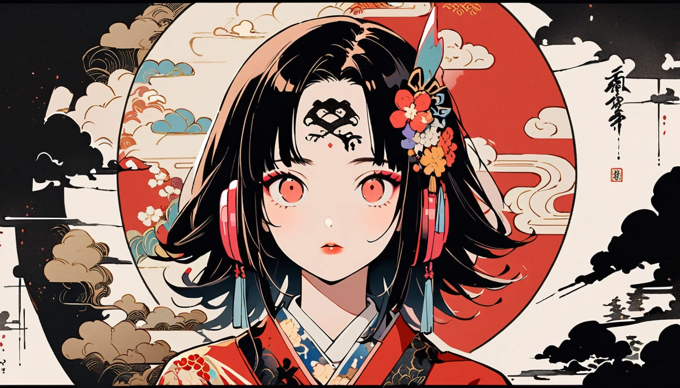 (((Ink Painting))), Fashion portrait color photos, (((1 girl))), (((Tattoo in the center of the forehead))), (((Very flashy hair accessories))), (((Very flashy makeup))), Japanese style headphones, devil, face close-up, front view, Japan人の美少女, Black Hair, Delicate and precise, Modern ukiyo-e style,Japan, Droopy eyes, round face