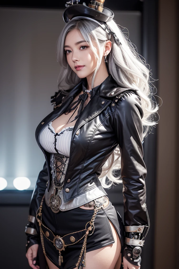 Woman portrait、Highest quality、Rear view、8k, clear, Fine skin、Clear, beautiful eyes、whole body、Curly Hair、My hair was messed up by the wind、The beauty of a smile、(Big Breasts、tall)、,(Hip_superior, Hip superior), Mature Woman,( Watching the audience),Realistic, High resolution, Soft Light,1 female, alone, Hipアップ, Glowing Skin, (Detailed face), Perfect Style, Perfect balance,Silver Hair,Long Hair,Fine Skin,((Steampunk arabinan costume)),Steampunk style girl、Costumes decorated with lots of gear and watches,(Steampunk gothic ta,Steampunk dirndl,Grey and silver stripes,Sailor-style collared jacket)、(Gray and silver steampunk gray and silver steampunk jacket, High-tech Mecha,Gemstone Helmet,wrist cuffs,white dress shirt,elbow gloves,hairclip,belt,neckerchief,Steampunk bodystocking,High leg)、((arms behind back)),(bokeh),(studio lighting)